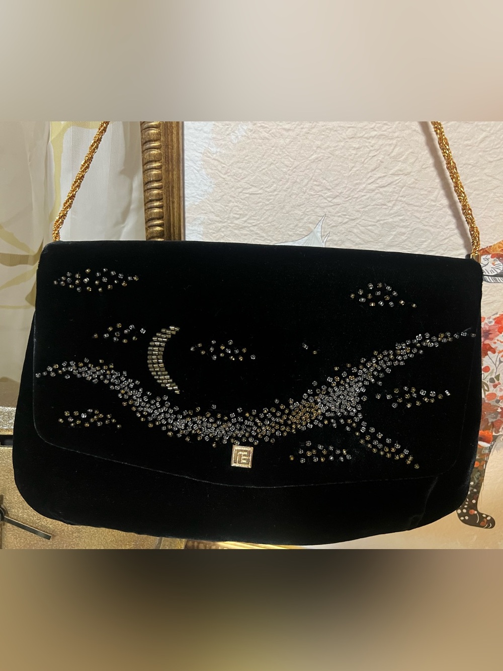 Vintage Pierre Balmain Black Velvet Shoulder Bag with beaded Moon & Wave Accent